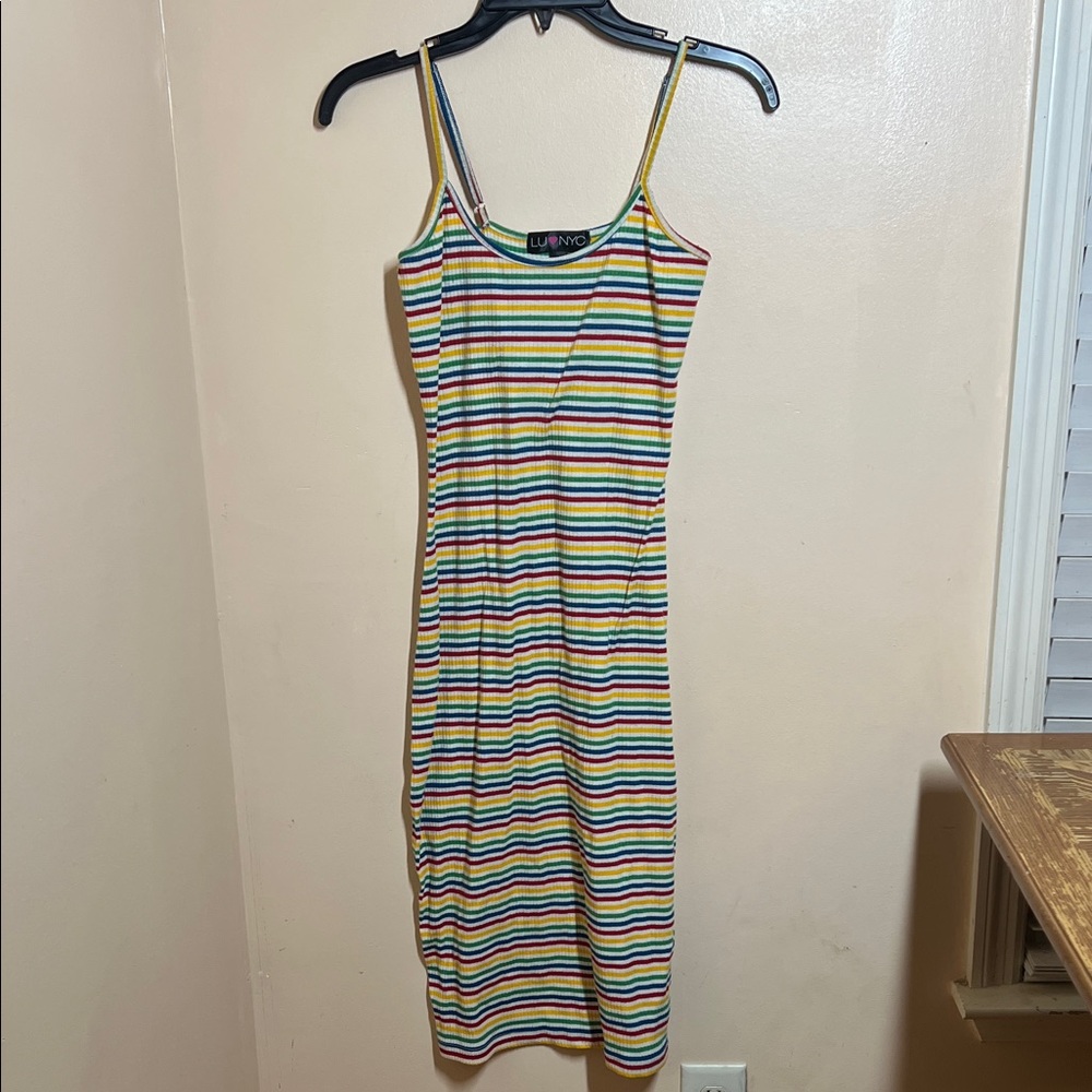 NYC Rainbow Stripe Spaghetti Strap Midi Dress